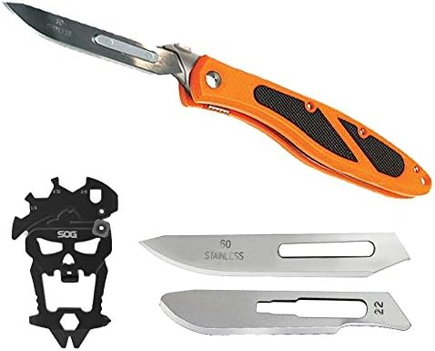 Orange Folding Blade Skinning Knife Havalon Piranta Z (BLACK) Plus Quik-Change Blades 60XT, 12 Count Plus #22XT Carbon Steel Replacement Blades, 12 count