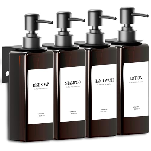 4 x Wall Mounted Shower Soap Dispenser, Bathroom Soap Dispenser Without Drilling 500 ml Brown Shower Dispenser Shampoo and Body Wash with Funnel and Three-Dimensional Labels for Bathroom, Kitchen