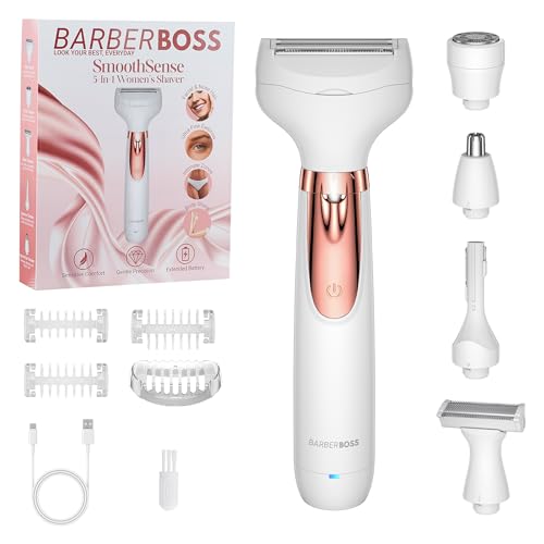 BarberBoss 5-in-1 Women’s Electric Shaver, Rechargeable Hair Removal Kit, Lady Shaver for Body, Bikini, Face, Nose & Eyebrow Trimmers, Cordless Wet & Dry Female Shavers, Facial Hair Remover, QR-8005