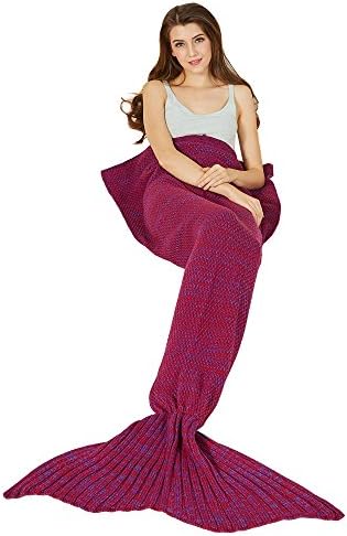Y-stop Mermaid Tail Blanket with Scale Knit Crochet for adult Kids Girls, Super Warm Soft All Seasons Sleeping Blankets 6 Styles (Length-71", Normal-Wine red)