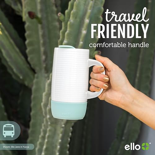 Ello Jane 18oz Ceramic Travel Mug with Handle, SplashResistant Slider Lid and Builtin Coaster