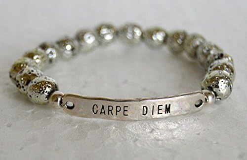 Silver Plated Lava Stone Beads with 'Carpe Diem' Charm Bracelet