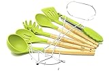 Betasteful Cooking Utensils Kitchen Utensil Set | 6 Wooden Silicone Kitchen Utensils Set With Holder, BPA Free, Green Nonstick Silicone Utensils Cooking Utensil Set - Kitchen Tools Gadgets