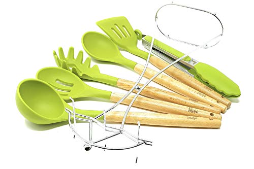 Betasteful Cooking Utensils Kitchen Utensil Set | 6 Wooden Silicone Kitchen Utensils Set With Holder, BPA Free, Green Nonstick Silicone Utensils Cooking Utensil Set - Kitchen Tools Gadgets