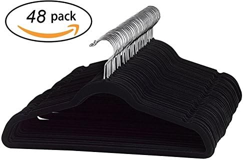 Premium Velvet Hangers - Strong and Durable Clothes Hangers - Ultra Soft, Thin, and Nonslip - for Dress and Suit - Hold Up to 10 Lbs - 360 Degree Chrome Swivel Hook, Black - 48 Pack