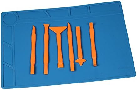 jajaplus repair mat with opener , Fiber opener kit, Heat Insulation Silicone Pad Maintenance Platform Soldering Repair Station Scale Ruler Repair Mat (Mat with 6opening tool)