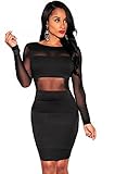 Kearia Womens Sexy Mesh See Through Sheer Block Long Sleeves Clubwear Mini Dress