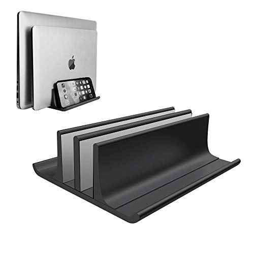 Double Adjustable Vertical Laptop Stand Newly Designed 2 Slots Aluminum Desktop Dual Holder for All MacBook/Chromebook/Surface/Dell/iPad Up to 17.3 Inches – Black
