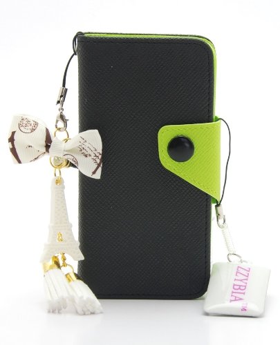 ZZYBIA® IP5 LMZT Black Leatherette Case Card Holder Wallet with a Eiffel Tower Fringed Dust Plug Charm for Apple Iphone 5 5s