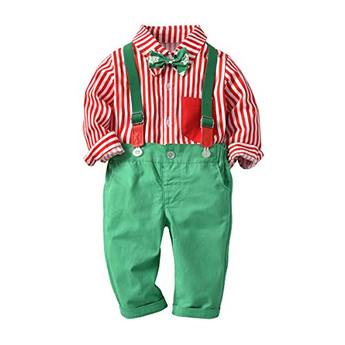 2 Pieces Baby Boys Long Sleeve Dress Tuxedo Bow Ties Shirt + Suspenders Pants Toddler Gentleman Wedding Formal Wear Outfits Overalls Clothes Set Red Shirt + Green Pants 2-3 Years