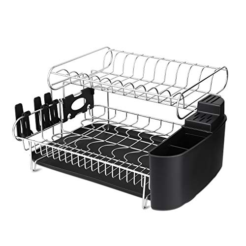 alvorog 2-Tier Dish Drying Rack Large Capacity Dish Rack Microfiber Mat Included Fully Customizable Kitchen Countertop Organizer with Removable Drainboard/Cutlery Cup Holder