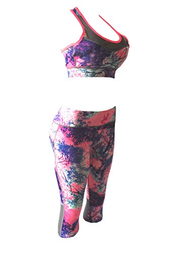 Women Gym Yoga Workout Padded Sports Bra Top + Cropped Leggings Activewear Set (M/L, Coral Mix) - Thumbnail 3