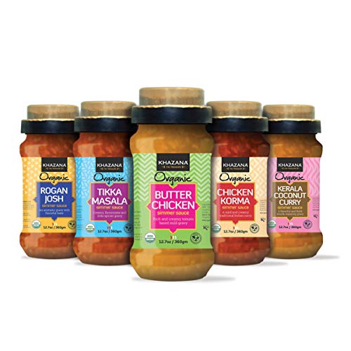Khazana Organic Gourmet Indian Food - Simmering Sauces with Spice Cap - Gluten Free, Vegan, Plant Based, Dairy Free, Kosher. Variety Flavor, 12.7oz, 6 pack