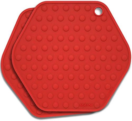 Stjerne Set of 2 Multipurpose Large Silicone Trivets, Mat, Multiple Spoon Rest, Jar Opener, Pot Holder, Coaster, 5-in-1, Heavy Duty &amp; Flexible (Cherry)