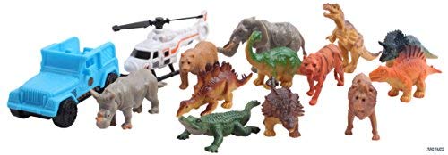 Memtes Dinosaur and Wild Life Animal Safari Car Carrier Transport Truck Toy (Includes 6 Dinosaurs 6 Animal, Jeep and Helicopter)