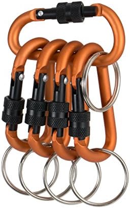 Aluminum SecureLock Cooltec Carabiner with Key Ring - Exclusive CoolTec Matte Finish - for Outdoors, Camping, Biking, Hiking, Traveling, Biking, Purse, Backpack. (5 PACK Orange)