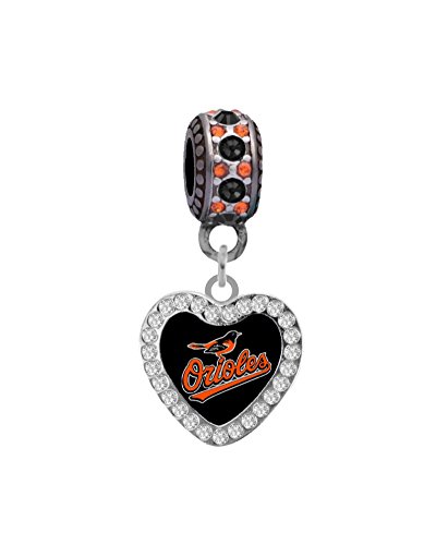 Baltimore Orioles Crystal Heart Charm Fits Most Bracelet Lines Including Pandora, Chamilia, Troll, Biagi, Zable, Kera, Personality, Reflections, Silverado and More