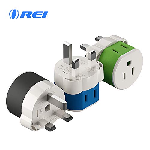 UK, Ireland, Dubai Power Plug Adapter by OREI with 2 USA Inputs - Travel 3 Pack - Type G (US-7) Fuse Protected Safe Grounded Use with Cell Phones, Laptop, Camera Chargers, CPAP, and More