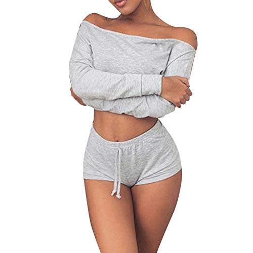 Clearanceï¼ Womens Sexy Long Sleeve Off Shoulder Shorts Two-Piece Outfit Tops