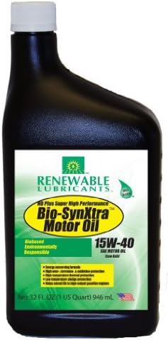 Renewable Lubricants Bio-SynXtra SAE 15W40 Heavy Duty Plus Super High Performance Motor Oil, 1 qt Bottle