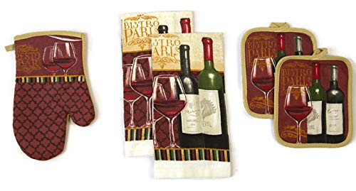 Lobyn Value Packs Kitchen Towel 5 Piece Linen Set 2 Towels 2 Pot Holders 1 Oven Mitt (Red Wine Beige Trim)