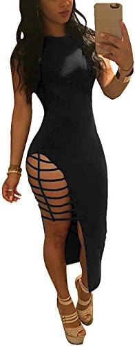 Dawnsnow Women's Sexy Sleeveless Bodycon Hollow Out Bandage Club Dress (Tag L, Black)