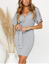 Miguofan - Mini vestido de manga corta con cuello en V para mujer con cinturón