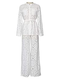 Blusa de encaje semitransparente para dama con pantalones de palazzo de cintura alta, 2 piezas