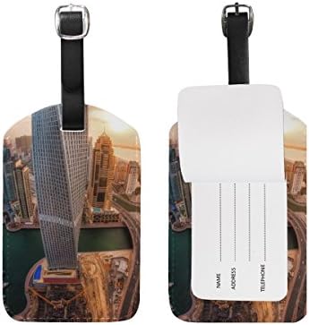 United Arab Emirates Skyscrapers Top View Sunrise City Travel Genuine Leather Luggage Tags Id Labels Holders(2 Pcs Set)