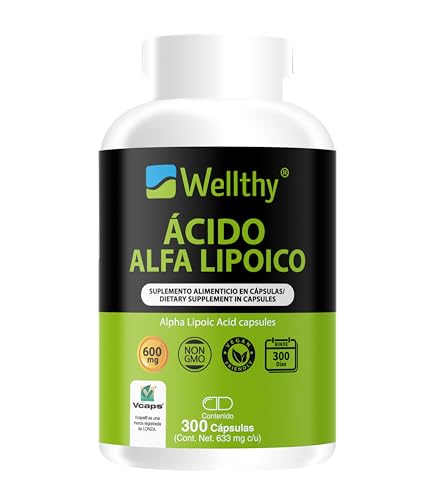 Wellthy Ácido Alfa Lipoico 600mg en 300 Cápsulas. 10 Meses de Consumo, NON GMO, Vegan Friendly, VCaps Tecnología Cápsulas Veganas.