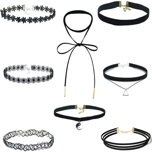 Febbya Choker Necklace Set,8 Pack Stretch Necklaces Tattoo Choker for Teen Girls Women Elastic Velvet Black 28+7CM