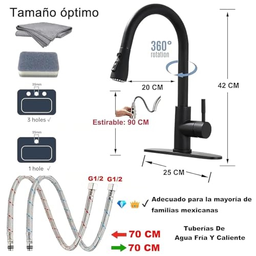 Actualizado Grifo de Cocina de Acero Inoxidable - 1 Mezcladora para Fregadero + 1 Cepillo de Limpieza +1 Paño Limpieza + Otros Accesorios, Grifo Llaves para Fregadero de Cocina Llave Mezcladora Negro