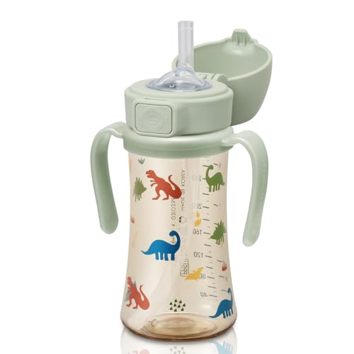 GROSMIMI Flip Top Spill Proof Sippy Cup with Stage 2 Straw for Toddlers, Customizable, PPSU, BPA Free, 10 oz, Dinosaur