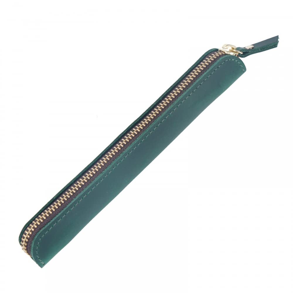 MiOYOOW Leather Pen Case, Head Layer Cowhide Pencil Pouch Retro Slim Pen Holder with Retaining Strap for Office College Travel