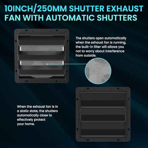 HG Power 250mm Shutter Exhaust Fan with Mesh Screen 1100m³/h Wall Mounted Extractor Fan Low Noise Shed Exhaust Fan for Ventilation Use, Basement, Gable, Chicken Coop, Black