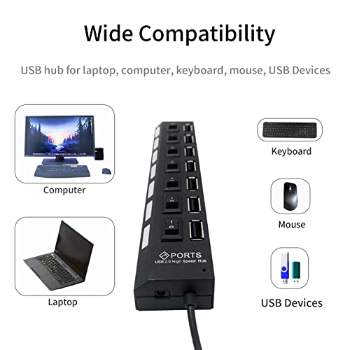 7Port USB Hub 2.0, USB Hub USB Splitter with Individual Switches for