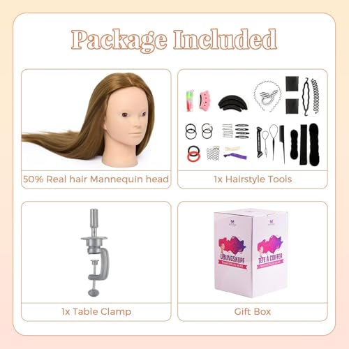 Neverland Hairdressing Head 24 Inches 50% Real Hair Styling Head Mannequin Mannequin Doll for Hairdressing with Stand + DIY Styling Accessories | Hairdressing Mannequin Head with Table Stand and Hair Braids Set