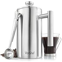 VonShef Double Wall French Press Satin Polished Stainless Steel Cafetiere Coffee Filter with Measuring Spoon and Sealing Clip, 8 Cup