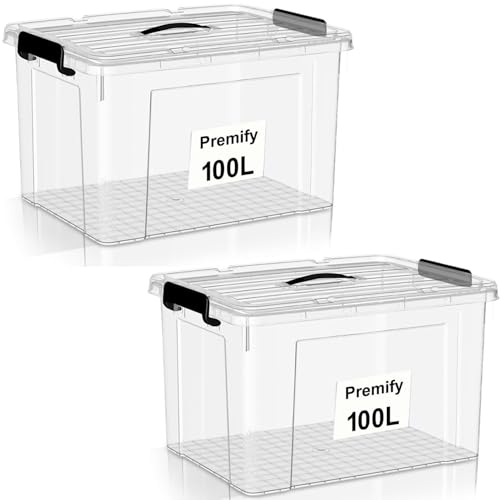 Premify 2 Pack Storage Boxes 100L Large Clear Strong Plastic Storage Box with Lid – Transparent Organizer Bin for Clothes, Toys, Food, Kitchen, Wardrobe, Garage & Home Use