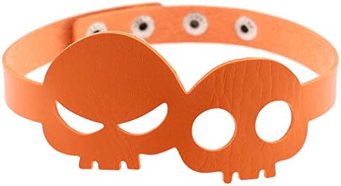 Punk Double Skull Head Halloween Leather Collar Choker Necklace Charm Jewelry Rivet Buckle (Orange)