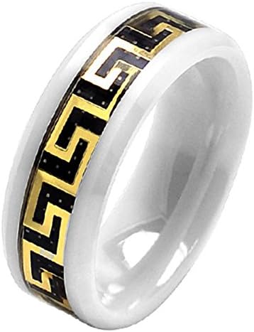 iPauly 8mm Ceramic White Beveled Edge Ring with Yellow Gold Plated Greek Greco Inlay
