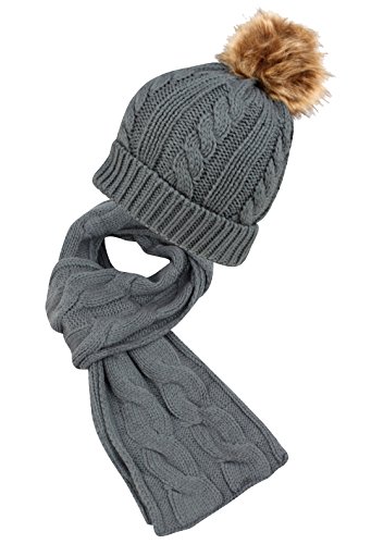 Angela & William Unisex Winter Warm Cable Knit Scarf with complementing PomPom Slouchy Beanie Hat - Gray