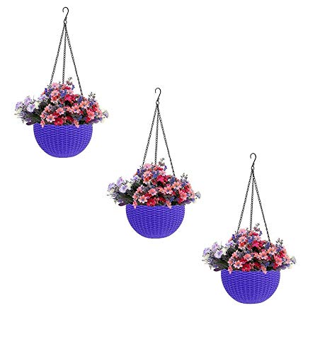 Round Gamla Pot Flower Hanging Round Rattan Woven Plastic Flower Hanging Basket for Garden Balcony Purple (Pack of 3)