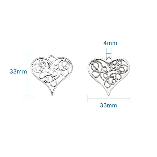 Craftdady 10Pcs Antique Silver Filigree Love Heart Charms 31.5x32mm Vintage Alloy Lead Free Tiny Sweet Heart Beads Pendants for DIY Jewelry Bracelet Necklace Earring Making