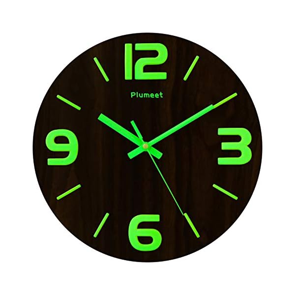Plumeet Luminous Wall Clocks 12'' NonTicking Silent Wooden Clock