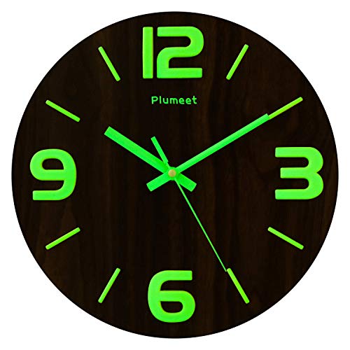 Plumeet Luminous Wall Clocks 12'' NonTicking Silent Wooden Clock