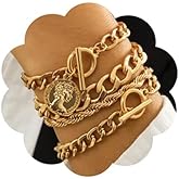 fxmimior Boho Fashion Dainty Boho Gold Silver Chain Stackable Bracelets Set for Women Adjustable Beaded Coin Chunky Flat Cabl