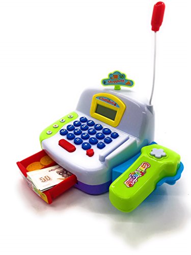 Toy Cash Register Cashier Playset Battery Operated, Kids Pretend Play Set ,Colorful Childrens Cash Register w/ Microphone, Scanner, Calculator, Play Money & Groceries /Kids Supermarket Cashier (Green) - Thumbnail 2