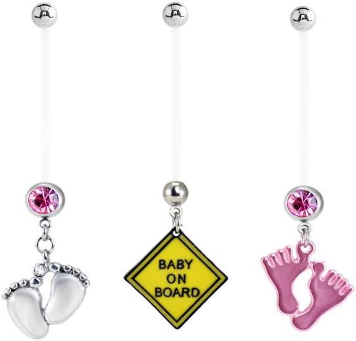 Bioflex Maternity Pregnancy Navel Belly Button Ring 3 Pack Pink Feet & Baby On Board 14G