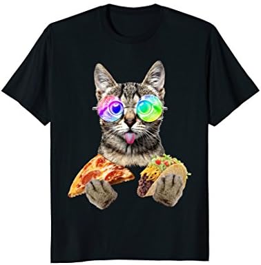 Funny Cat Eating Pizza and Tacos T Shirt w/ Sunglasses